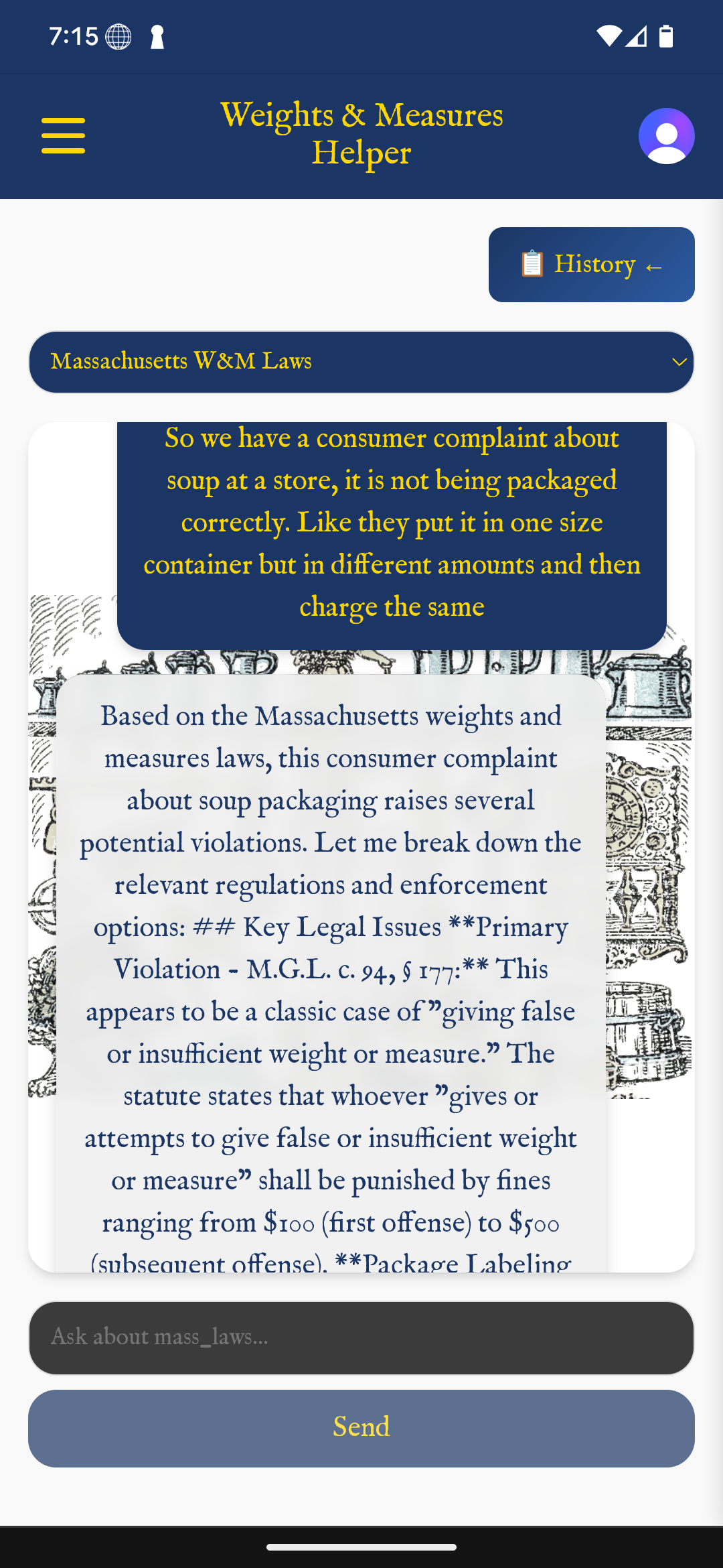 W&M Helper mobile app in action showing real legal query and AI response